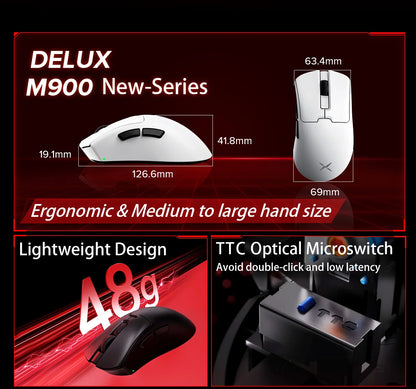 Delux M900PRO Ultra-light Version Wireless Gaming Mouse Ergonomic 1K/8K Polling Rate 50g PAW3395 for Right Big Hand PC Gamer