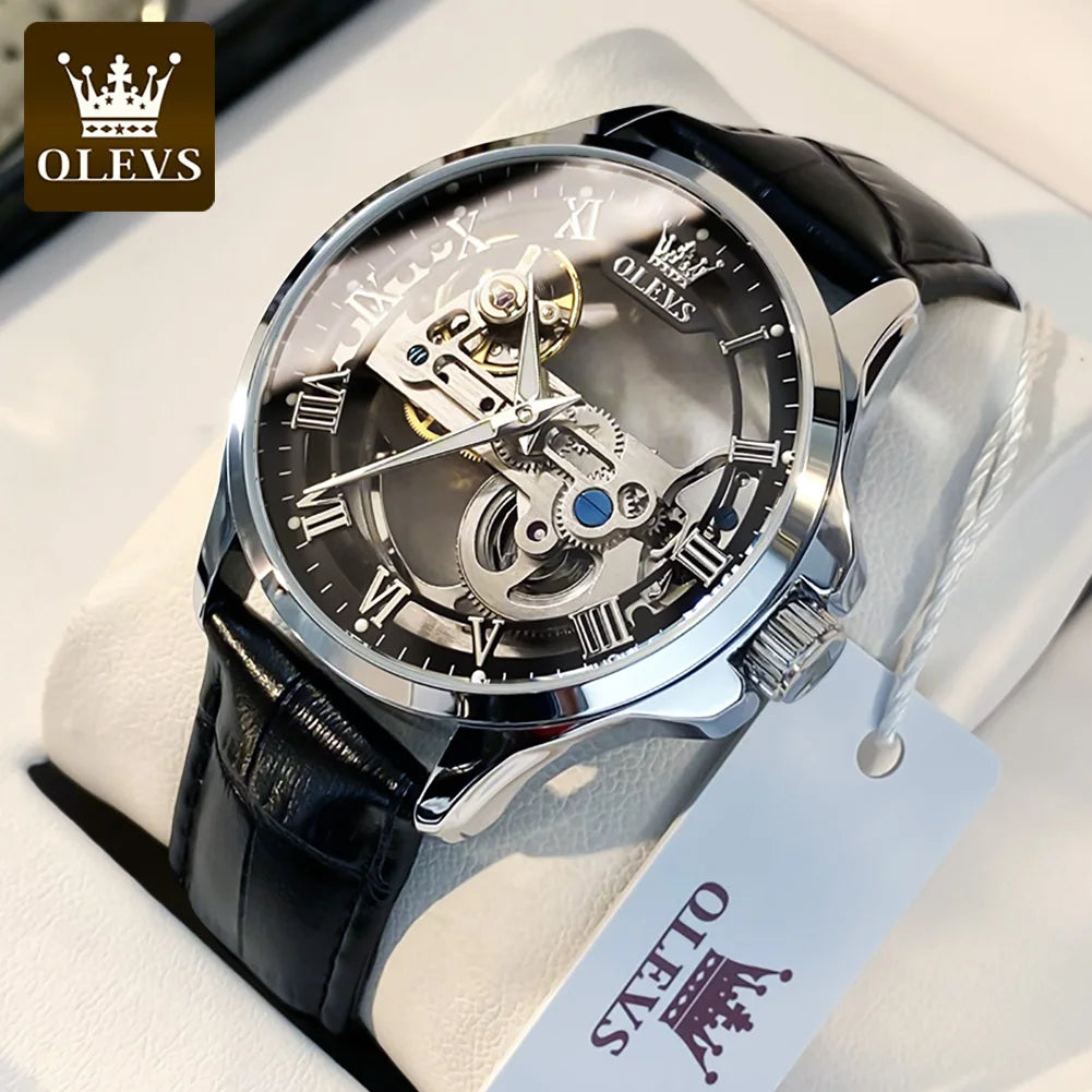 Orologio meccanico automatico da uomo OLEVS 6661 – Modello scheletrato completamente trasparente con rotore a vista, cinturino in pelle, orologio di lusso originale da uomo