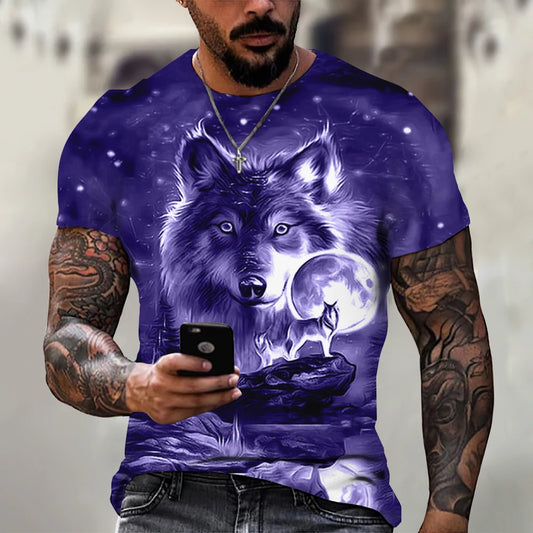 European and American men's new fashionable summer wolf roar print comfortable and breathable round neck T-shirt outdoor top