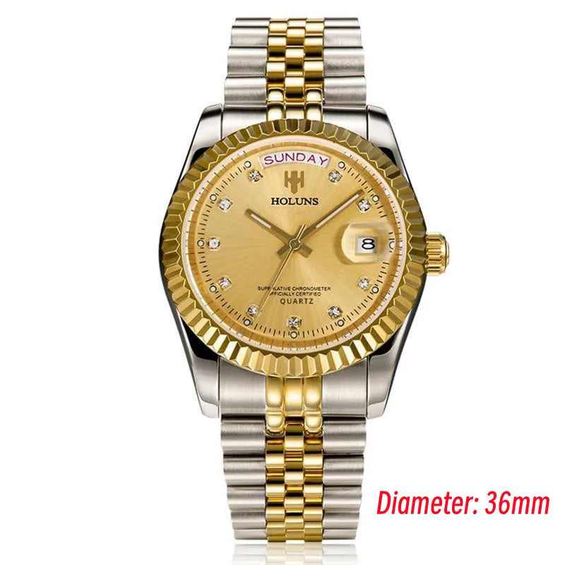 Relojes de hombre Holuns Luxury Classic de 36/41 mm en oro, con movimiento de cuarzo MIYOTA de Japón, de acero inoxidable, reloj de pulsera clásico de negocios, resistente al agua