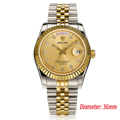 Relojes de hombre Holuns Luxury Classic de 36/41 mm en oro, con movimiento de cuarzo MIYOTA de Japón, de acero inoxidable, reloj de pulsera clásico de negocios, resistente al agua