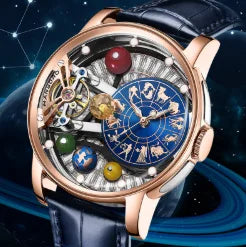Orologio meccanico automatico da uomo, modello «Cielo stellato»: design scheletrato, stile costellazione, cassa in acciaio inossidabile, quadrante in rilievo, funzione luminescente e impermeabilità.