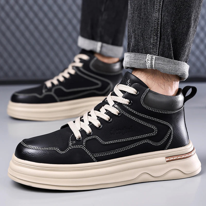 2026 New Mens Genuine Leather Walking Shoes Fashion Outdoor Thick Bottom Antiskid Vulcanized Shoes Comfy Casual Leather Flats