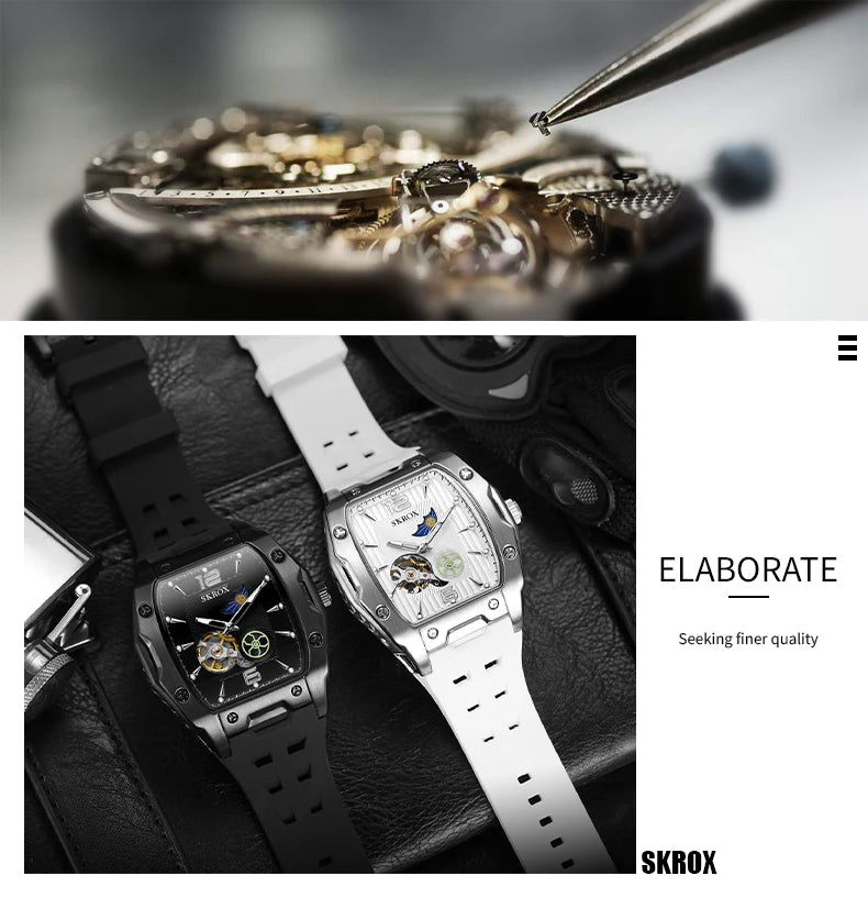 SKROX Designer Luxury Moon Phase Toubillon Automatic Movement Mechanical Clock High Quality Waterproof Silicone Men's Watches