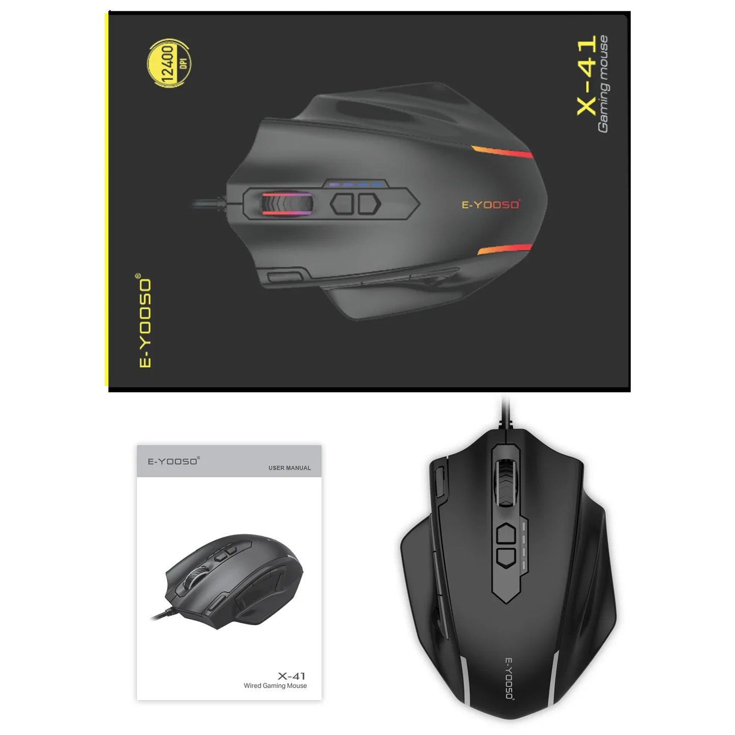 E-YOOSO X-41 Pro USB Wired Gaming Mouse RGB Backlit 12400 DPI 11Buttons Programmable Ergonomic Mice for Work Computer PC Laptop