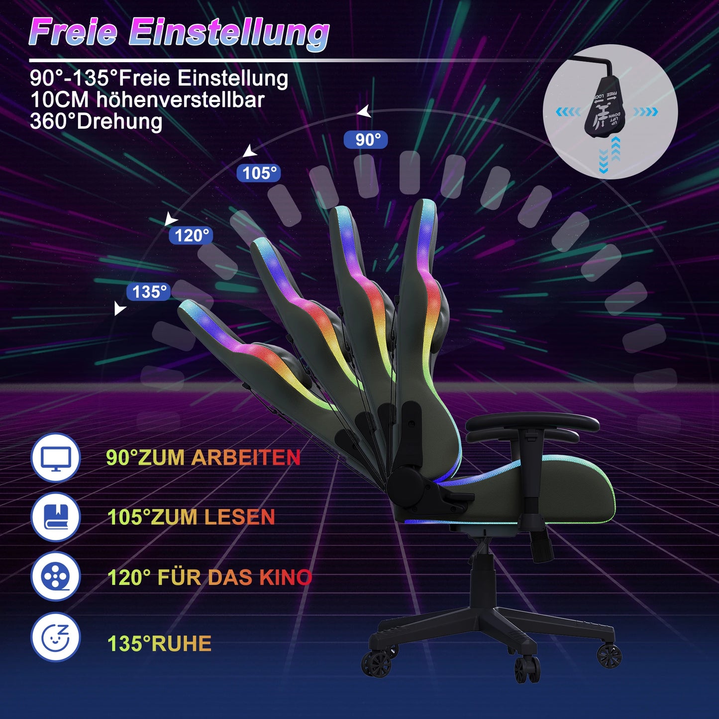 Gaming Chair with Massage Function, Adjustable backrest,Computer Chair,with ambient light,Lumbar Cushion, Pillow,150 KG