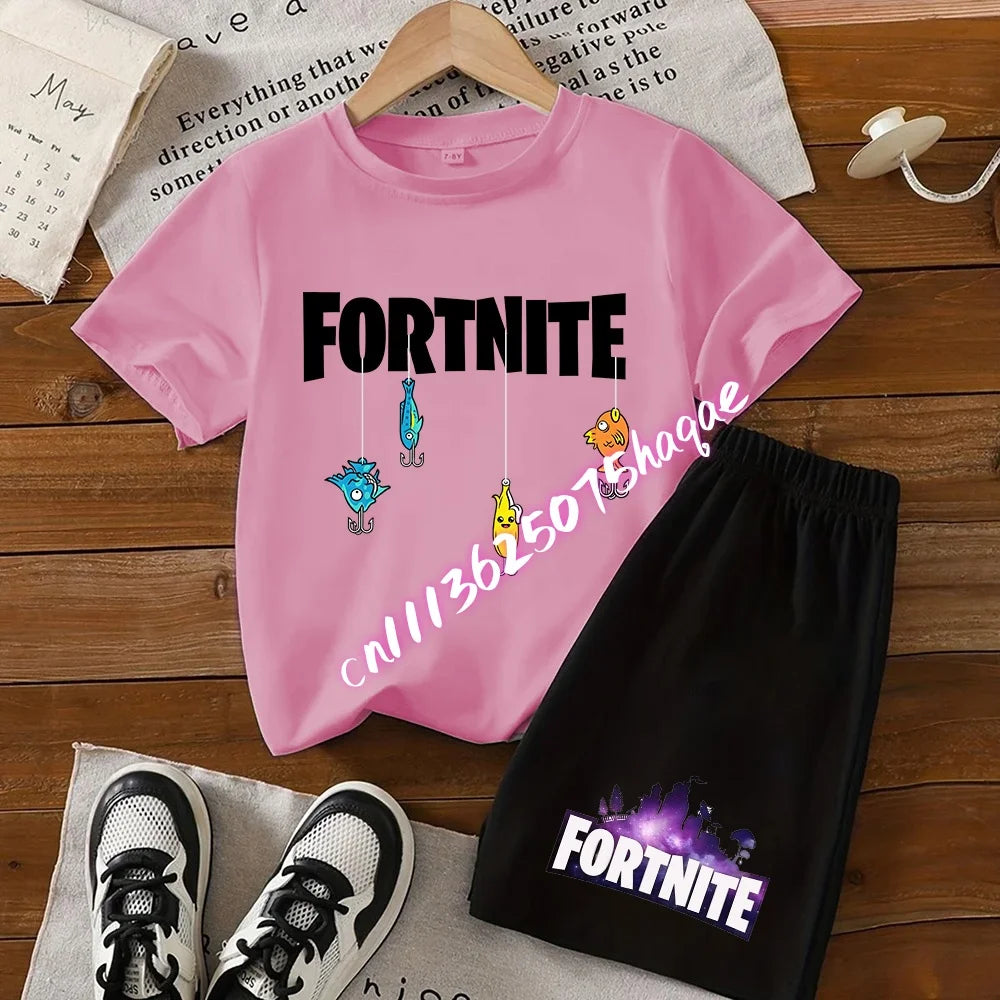 Sommer-Fortnite-T-Shirt und Shorts für Jungen und Mädchen, 2-teiliges Kinder-Set mit Oberteil und Hose, Fortress-Night-Print, Geschenk