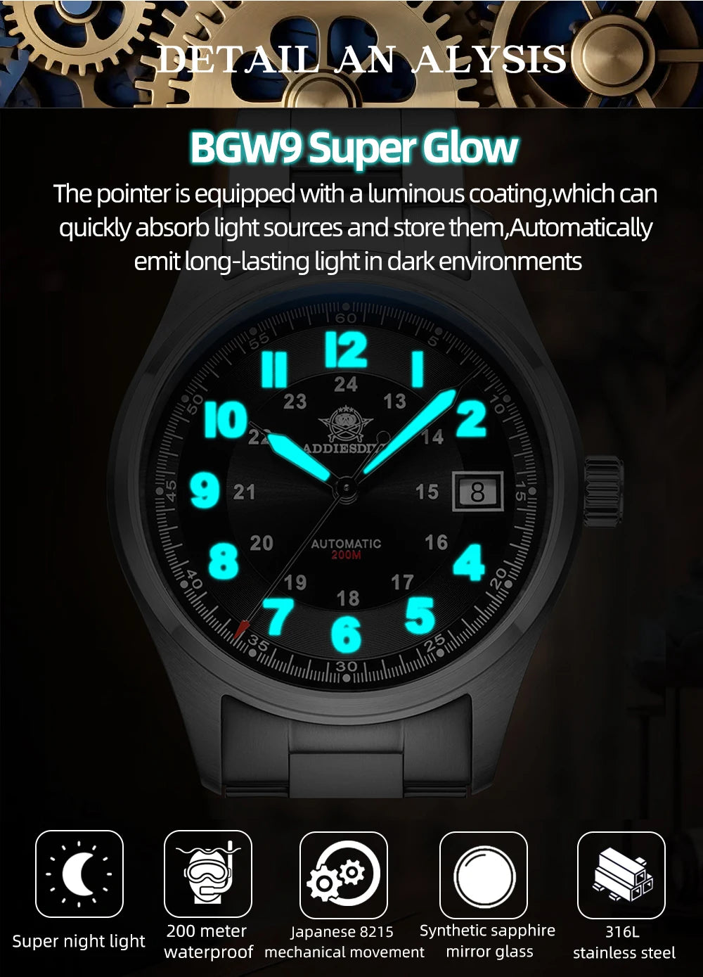 ADDIESDIVE Men's Retro Mechanical Watch Sapphire Mirror Glass Stainless Steel Watch BGW9 Luminous 200m Waterproof Analog Watch