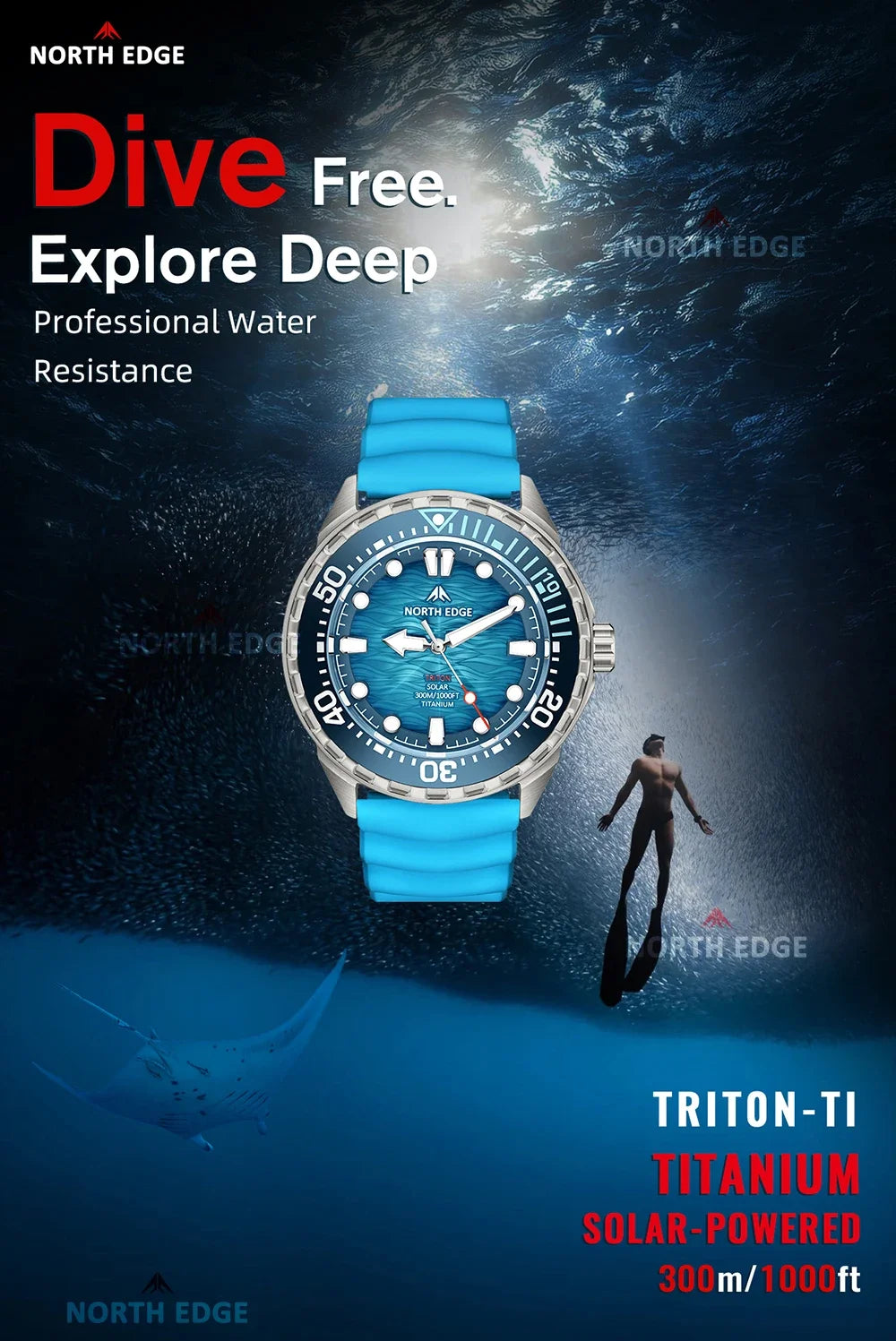 NORTH EDGE NEW+ TRITON-TI Titanium Solar-Powered Diving Watch Luxury Quartz Watches for Men 300M Waterproof 180+ Day Power