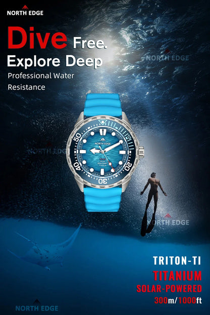 NORTH EDGE NEW+ TRITON-TI Titanium Solar-Powered Diving Watch Luxury Quartz Watches for Men 300M Waterproof 180+ Day Power