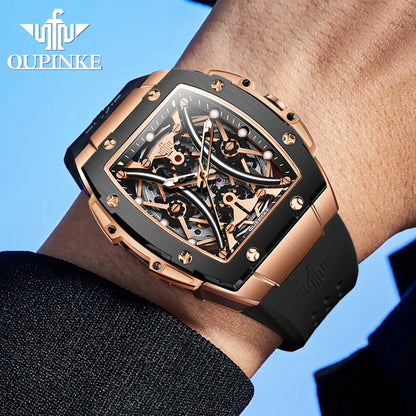 OUPINKE Men's Watches Classic Luxury Tonneau Dial Top Brand Original Automatic Mechanical Wristwatch Silicone Strap Sapphire New