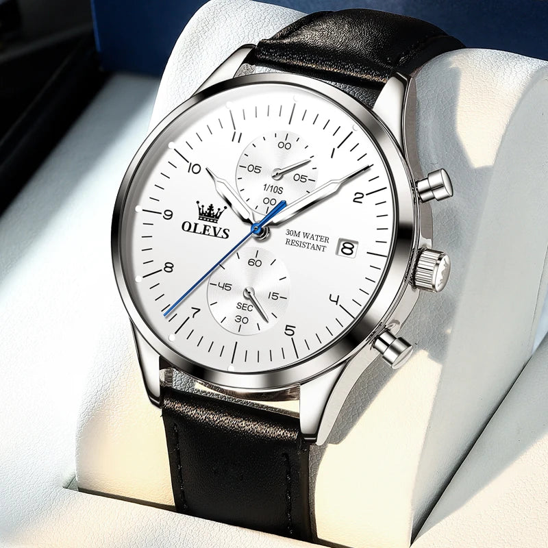 Orologio da uomo OLEVS 2880 – Cronografo elegante e dalle linee essenziali, cinturino in pelle, datario automatico, impermeabile, lancette luminescenti, movimento al quarzo.