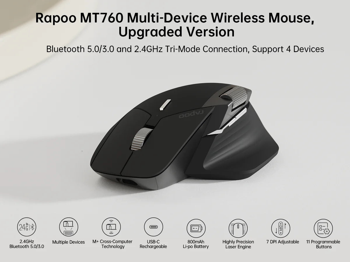 Rapoo MT760/MT760Mini Multi-mode Rechargeable Wireless Mouse Ergonomic 4000 DPI Bluetooth Mouse Easy-Switch Up to 4 Devices