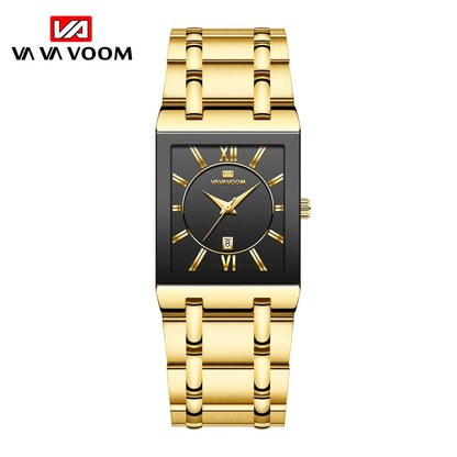 Herenzakelijk horloge, eenvoudig ontwerp, luxe mode, rechthoekig, zwart-goud, roestvrij staal, kalender, waterdicht, quartz, herenhorloges