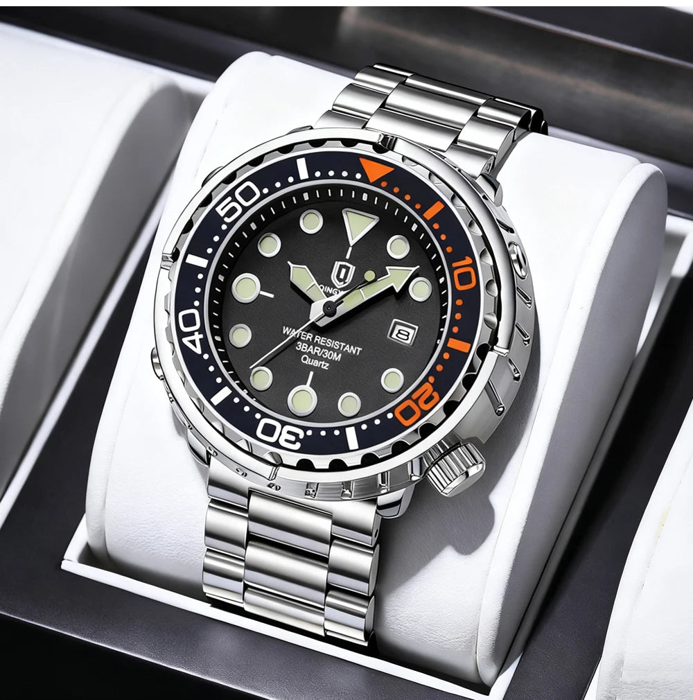 Montres pour homme QINGXIYA : montres de luxe à quartz pour homme, tendance, étanches, luminescentes, avec date et cadran rotatif, en acier inoxydable