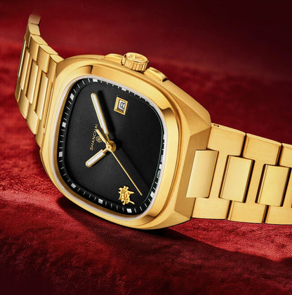 Montre mécanique vintage Shanghai Square, montre automatique pour homme en or 24 carats, boîtier de 38 mm, acier inoxydable 316L, montre-bracelet de luxe SH030