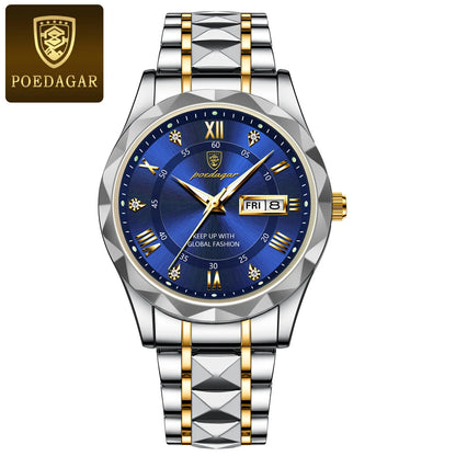 Orologio da uomo POEDAGAR Business Luxury, impermeabile, in acciaio inossidabile, luminescente, con data e giorno della settimana, stile sportivo, al quarzo.