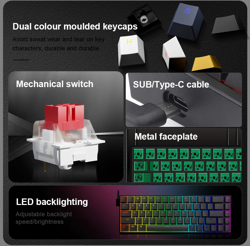 E-YOOSO Z686 RGB USB 60% Mini Slim Mechanical Gaming Wired Keyboard Red Switch 68 Keys Russian Brazilian Portuguese for Compute