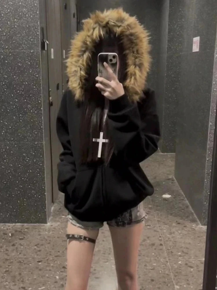 American Vintage Black Faux Fur Sweatshirts Women Letter Printed Subculture Coats with Hooded Female Gothic Harajuku Jackets Y2k, produit gaming premium Fraquane
