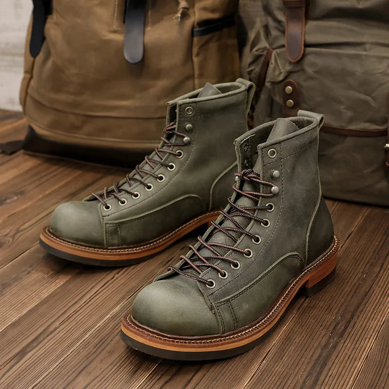 KOWM Cowhide Hiking Shoes Men's Walking Boot British Trekking Shoes Thick-Soled Cowhide High-Top Motorcycle Boots Ankle Sneakers