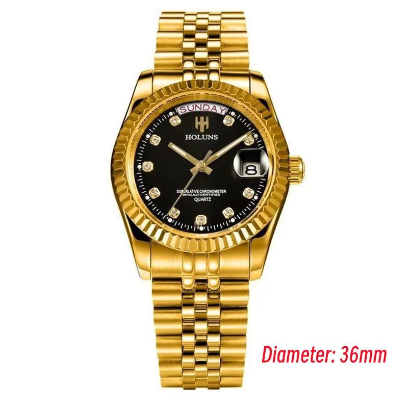 Relojes de hombre Holuns Luxury Classic de 36/41 mm en oro, con movimiento de cuarzo MIYOTA de Japón, de acero inoxidable, reloj de pulsera clásico de negocios, resistente al agua