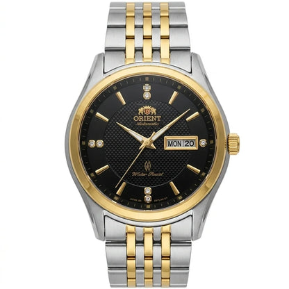 Orologio meccanico automatico da uomo Orient, con doppio calendario (data e giorno della settimana), indici in cristallo e bracciale in acciaio inossidabile – Orologio da polso dallo stile professionale