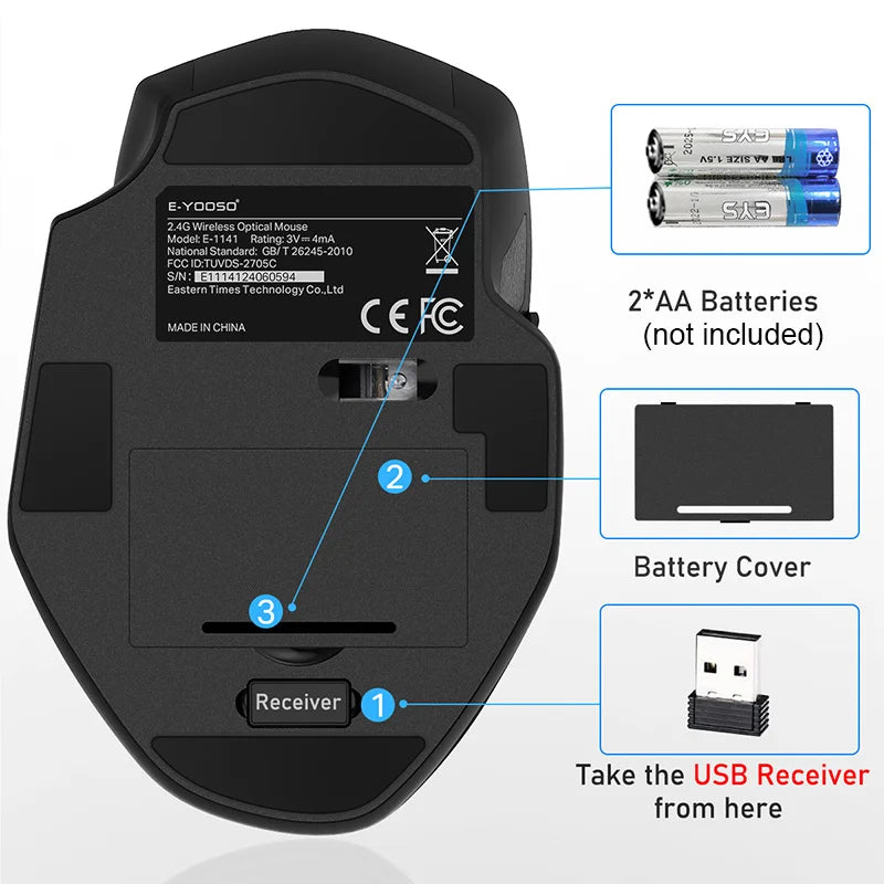 E-YOOSO 2.4G Wireless Ergonomic Mouse with Built-in USB Receiver, 5-Level 4800 DPI Portable Optical Mouse for PC Laptop Computer