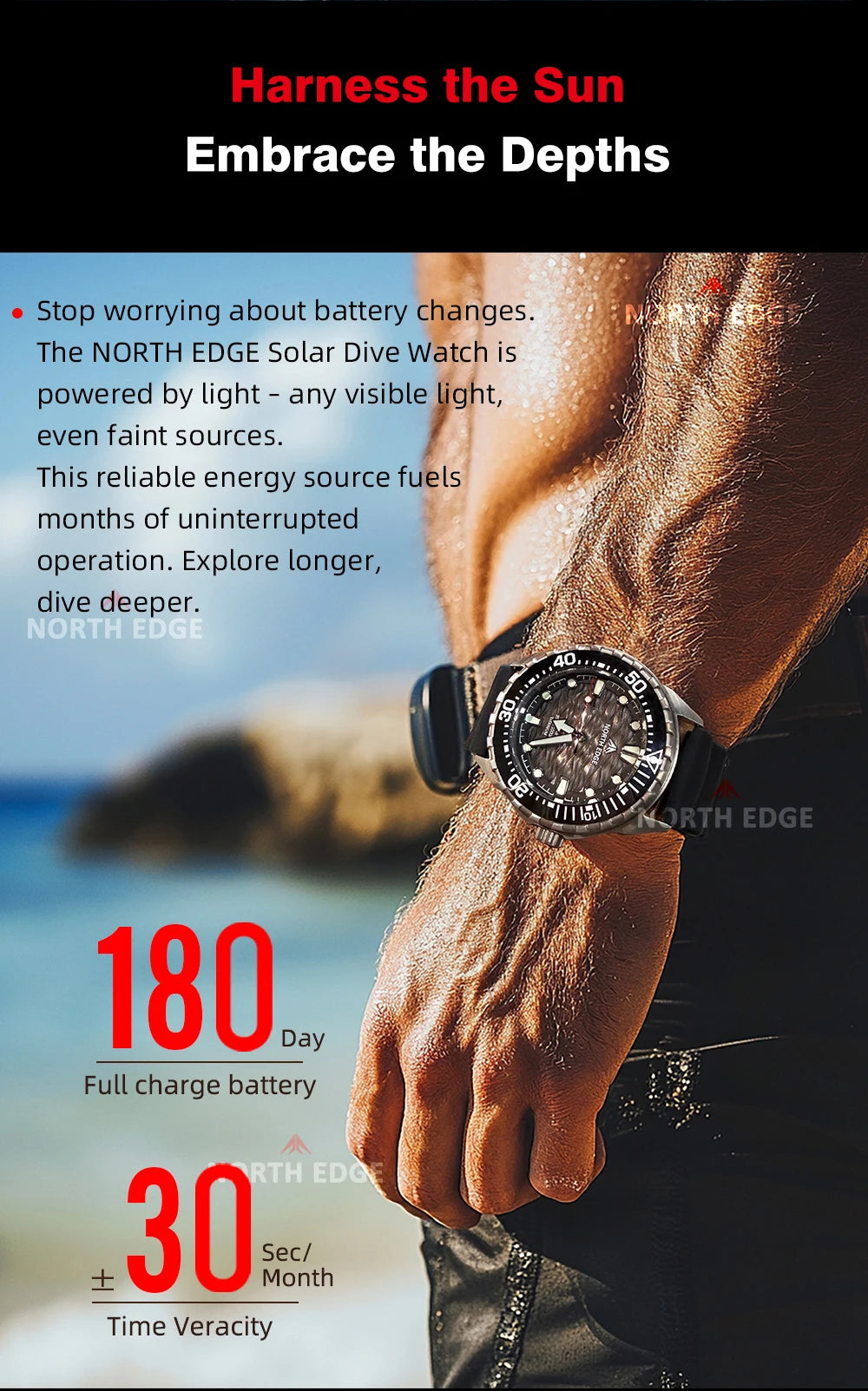 NORTH EDGE NEW+ TRITON-TI Titanium Solar-Powered Diving Watch Luxury Quartz Watches for Men 300M Waterproof 180+ Day Power