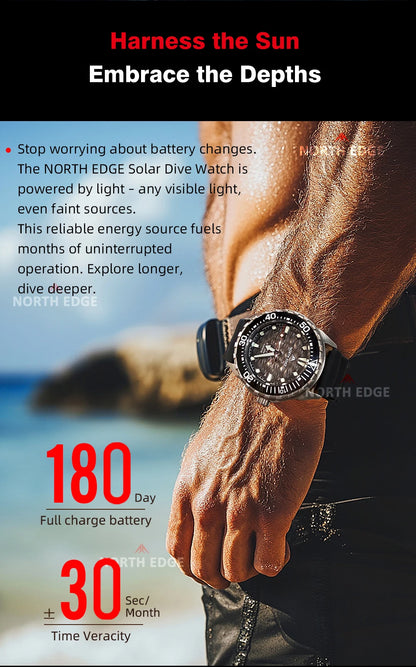 NORTH EDGE NEW+ TRITON-TI Titanium Solar-Powered Diving Watch Luxury Quartz Watches for Men 300M Waterproof 180+ Day Power