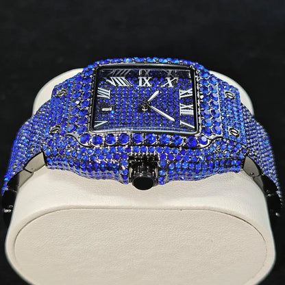 Green Diamond Watch For Men Brand UNIGUET Fashion Roman Literal Quartz Clock Man Hip Hop Iced Jewelry Square Wristwatch 2025 New