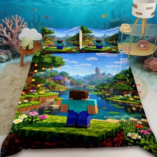 Minecraft 2/3pcs Duvet Cover Cute Cartoon Game Quilt Cover Bedding Set with 1/2 Pillowcase Gifts Bedroom Dormitory