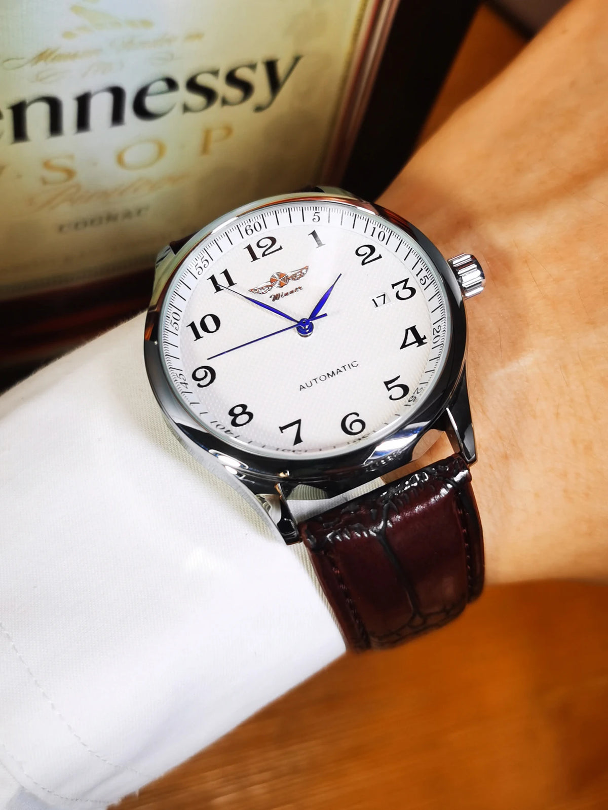 Orologio da uomo WINNER – Stile classico, retrò ed elegante – Orologio meccanico a carica automatica con calendario – Marchio di lusso, cassa in acciaio e cinturino in pelle