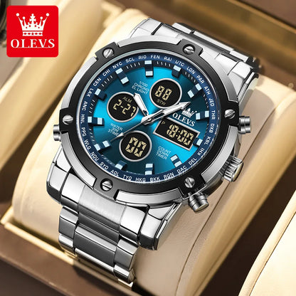 Orologio da uomo OLEVS – Orologio da polso al quarzo, impermeabile, in acciaio inossidabile, con display a LED – Stile sportivo e di tendenza (modello 1106)