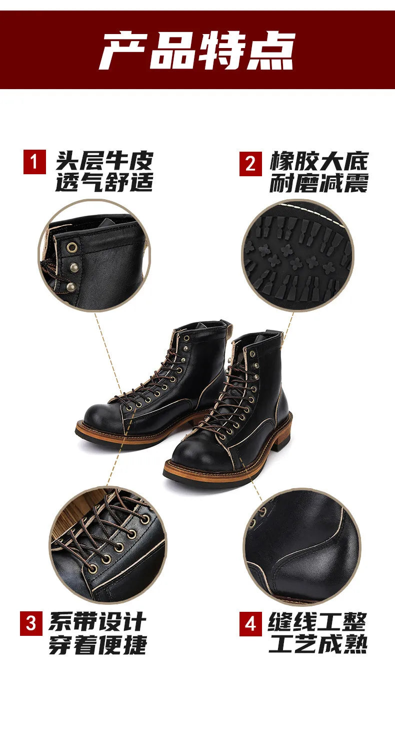 KOWM Cowhide Hiking Shoes Men's Walking Boot British Trekking Shoes Thick-Soled Cowhide High-Top Motorcycle Boots Ankle Sneakers