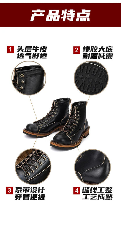 KOWM Cowhide Hiking Shoes Men's Walking Boot British Trekking Shoes Thick-Soled Cowhide High-Top Motorcycle Boots Ankle Sneakers