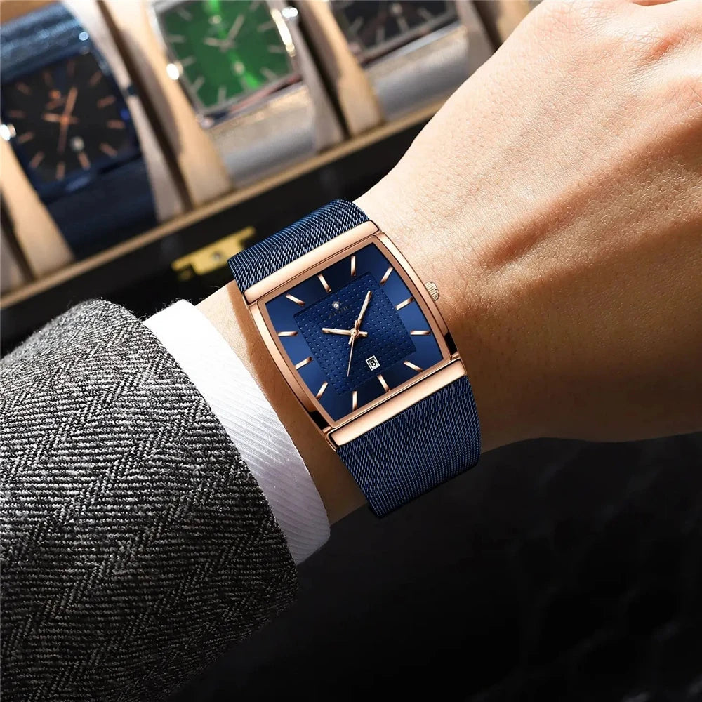 Relógios de pulso de quartzo, novos relógios quadrados para homem, cor ouro rosa, de alta qualidade; relógio de marca de luxo, modelo para homem, mostrador azul.