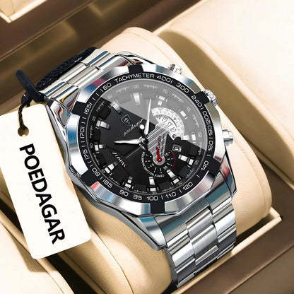 Orologio da uomo di lusso POEDAGAR, impermeabile, luminescente, con datario, sportivo, cinturino in acciaio inossidabile, movimento al quarzo.