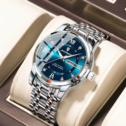 Trendige, luxuriöse POEDAGAR-Herrenarmbanduhr, wasserdicht, aus Edelstahl, mit Leuchtzeigern, Datumsanzeige und Quarzwerk.