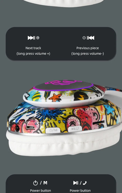 New Graffiti Wireless Overhead Headset with Mic LED Light LX-8686 High Quality TF Card Bluetooth Headphones for PC Gaming Child