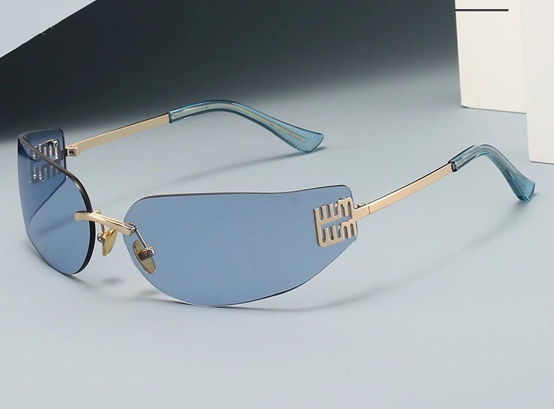 High End Sunglasses Women Rimless Curved Sun Glasses for Eye Protection and Sunscreen Travelling Hiking Shades Gafas