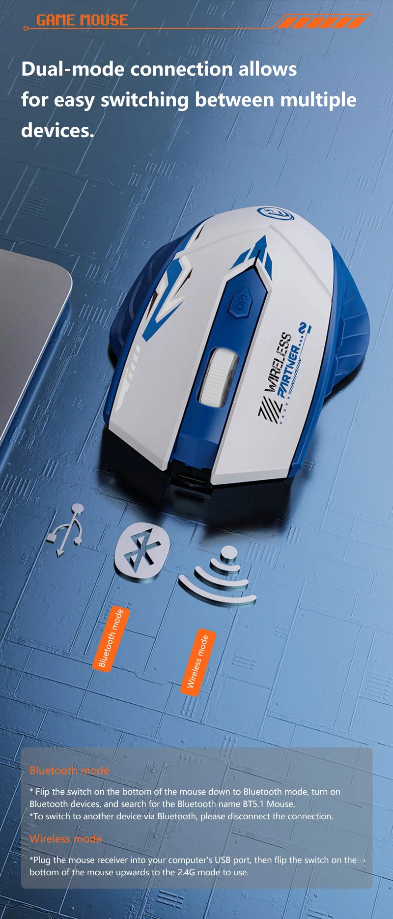 Wireless Gaming Mouse Dual Mode Bluetooth 2.4G DPI Adjustable Type-C Rechargeable Silent Ergonomic Mouse Durable Battery