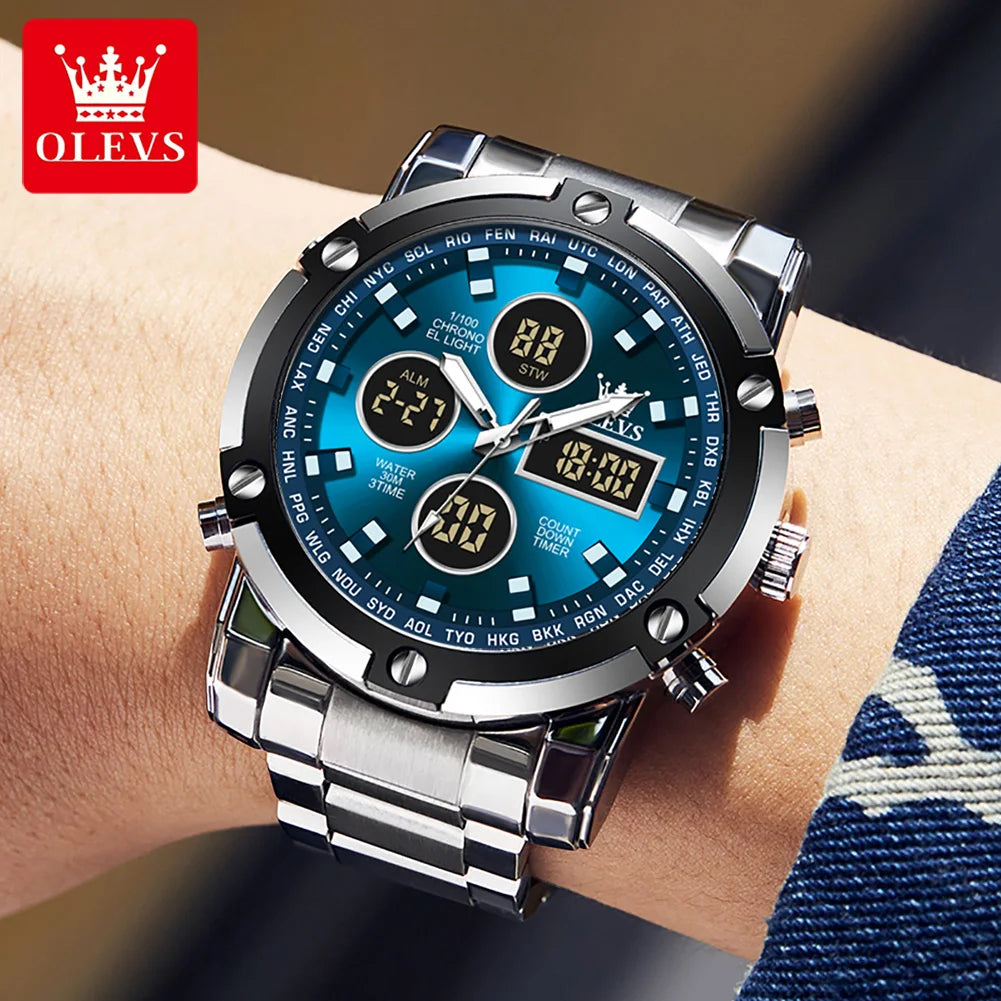 Orologio da uomo OLEVS – Orologio da polso al quarzo, impermeabile, in acciaio inossidabile, con display a LED – Stile sportivo e di tendenza (modello 1106)