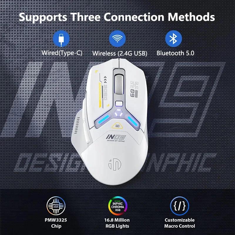 INPHIC IN9 Upgraded Wireless Gaming Mouse High DPI Tri-mode 2.4G Bluetooth Type-C Wired RGB Light Macro Programmable Mice for PC