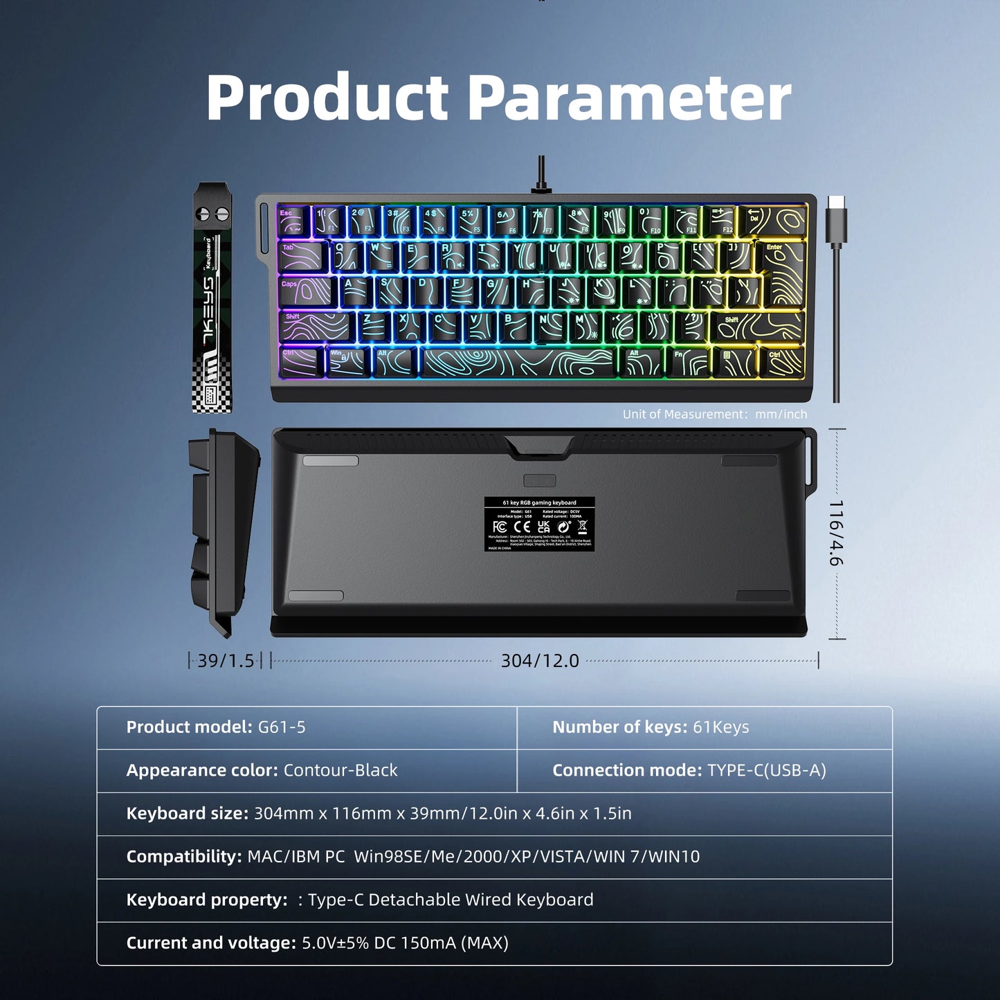60% compact wired keyboard with RGB backlighting and gradient keycaps are suitable for Windows tablets, laptops and gamers.
