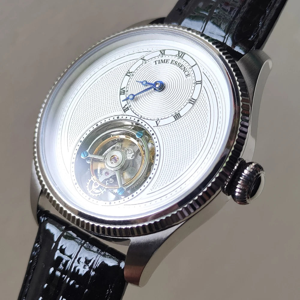 Time Essence Tourbillon Watch Classic Styling Leather Strap Sapphire Glass Hand Winding Luminous 28800