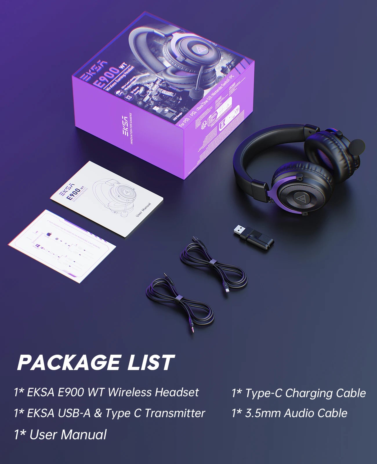 Oneodio EKSA E900 WT 2.4G Wireless Gaming Headset Tri-Mode Over Ear Bluetooth Headphones Gamer With Mic RGB For PC PS4 PS5 80Hr