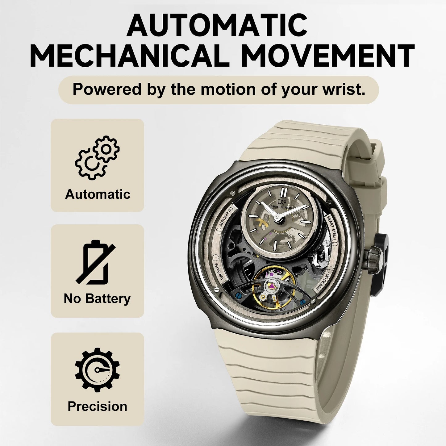 DANIEL GORMAN High Quality Men's Automatic Watch with Stylish Sports Silicone Strap 5 ATM Waterproof Mechanical Watches DG8127