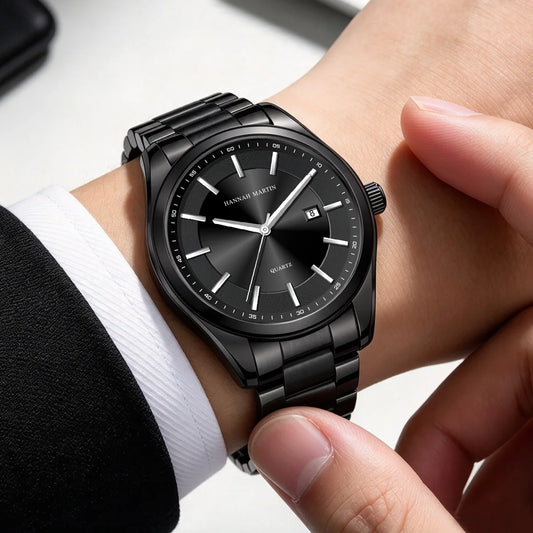 Orologio al quarzo HANNAH MARTIN, 40 mm, da uomo, cinturino in acciaio inossidabile nero, impermeabile fino a 3 bar, stile sport-chic