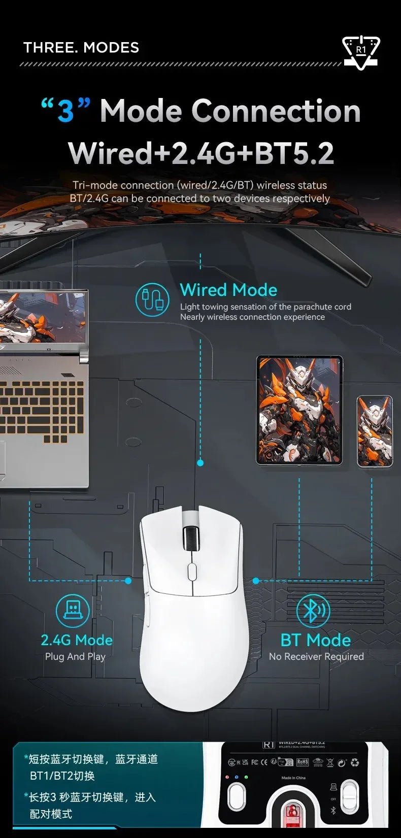 ATTACK SHARK R1 59g Ultra-light Mouse have PAW3311,18000DPI,400IPS,40G,1000Hz,Tri-Mode,Broadcom BK3633 Master,20 Million Times