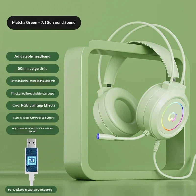 Casque de jeu filaire Paw Hunter T9 avec microphone et éclairage RGB, son surround virtuel 7.1, casque supra-auriculaire pour PC, ordinateur portable et jeux.